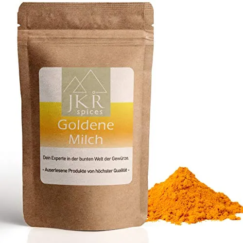 JKR Spices 250g Goldene Milch Pulver für Kurkuma Latte und co. | Golden Milk Pulver mit Kurkuma, Ingwer und Safran für Curcuma Latte im wiederverschließbaren Doypack (250)