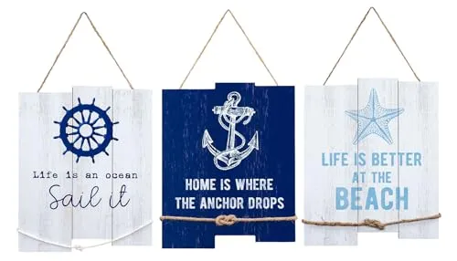 Produktbild levandeo 3er Set Wandschild H35cm Blau Weiß Holzschild Beach Strand Wanddeko Wandbild Anker Sommer