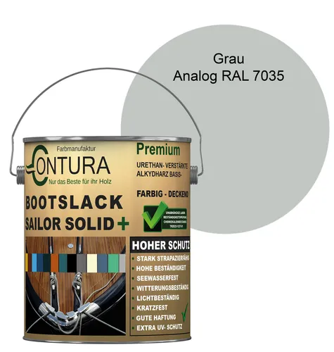 Contura Bootslack 2,5Liter Farbig Glänzend Yacht- Buntlack Metall Holz GFK Holzlack Schiffslack RAL Boot Farblos - Grau - RAL 7035 Analog