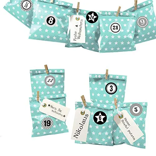 Frau WUNDERVoll® DIY Adventskalender zum Befüllen Bescherung, türkis mint Sterne Papiertüten 13x16,5cm, Ziffern grau/Weihnachten Aufkleber Kalender Kinder Geschenkbeutel