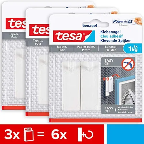 tesa Klebenagel für Tapeten und Putz 1kg im 3er Pack - Selbstklebende Nägel für empfindliche Oberflächen - Die tesa Klebenägel sind ideal für das Aufhängen von Objekten bis zu 1kg pro Nagel. Sie bieten starken Halt auf empfindlichen Oberflächen wie Tapeten und Putz und lassen sich rückstandslos ablösen.