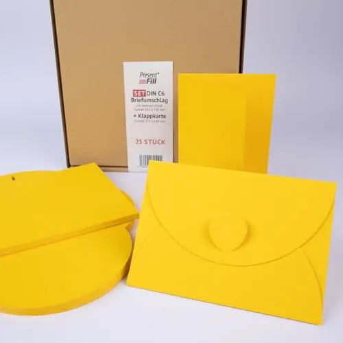 PresentFill® - blanko Falt-Karten inkl. Briefumschläge mit Herz Verschluß - 25er Set - Sonnen Gelb - Klappkarten zum selbst gestalten, beschriften oder bedrucken - DIN A6 / C6