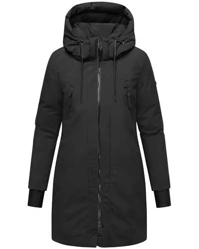 Navahoo Damen modischer Wintermantel warmer Parka mit (abnehmbarer) Kapuze und Rucksackträgern innen Winterzart 14 Black Gr. 3XL