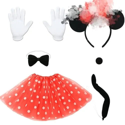Sidesea Damen Maus Mouse Kostüm, Faschingskostüme Karneval Mini Maus Kostüm Rock Rot Weiss Gepunktet Erwachsene Kleider Fasching Haarreif Ohren