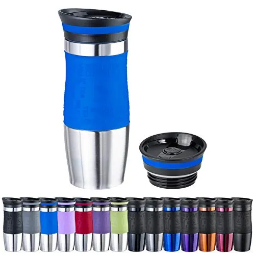 WELLGRO Thermobecher 400 ml + 1 Extradeckel - Edelstahl rostfrei - Silikon Soft-Touch Griffstück - BPA-frei - Isolierbecher doppelwandig - Travel Mug - Kaffeebecher to go, Farbe:Blau