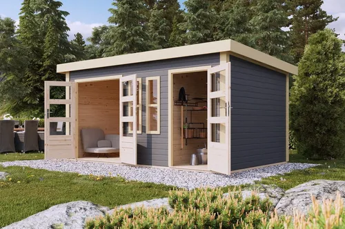 Karibu Gartenhaus Holz 38mm SCHÖNBUCH 2 terragrau - Robustes Gartenhaus aus nordischer Fichte mit 38 mm Wandstärke, ideal für die kreative Gestaltung Ihres Gartens. Farbe: terragrau, Größe: 423x273 cm.