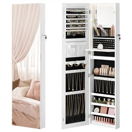 SONGMICS Schmuckschrank 140 cm hoch, Schmuckorganizer mit beleuchtetem Innenspiegel, Spiegelschrank wand- oder türmontiert, abschließbar, Geschenkidee, wolkenweiß JJC032W01