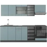 Vicco Küchenzeile R-Line, Blau-Grau/Anthrazit, 240 cm - Küchenzeilen mit höhenverstellbaren Füßen für stabilen Aufbau, individuell gestaltbar und optimale Komplettlösung für Ihre Küche.