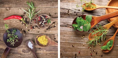 Levandeo® Leinwandbild, Wandbild 2er Set je 30x30cm Leinwand Kräuter Gewürze Küche Deko