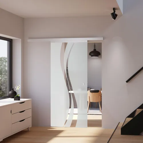 Tür Schiebetür Glas wellenförmig 755x2035 - Stilvolle Glasschiebetür mit Soft-Close - Zimmertüren mit 8 mm starkem Sicherheitsglas, lichtdurchlässig und platzsparend. Optional mit Soft-Close für sanftes Schließen ohne Knallen.