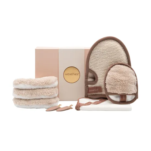 Waschies Light Caramel Edition Box M Geschenkset - Hautpflege Geschenkset mit wiederverwendbaren Abschminkpads und Massagehandschuh für eine nachhaltige Beauty-Routine, perfekt für Umweltbewusste.
