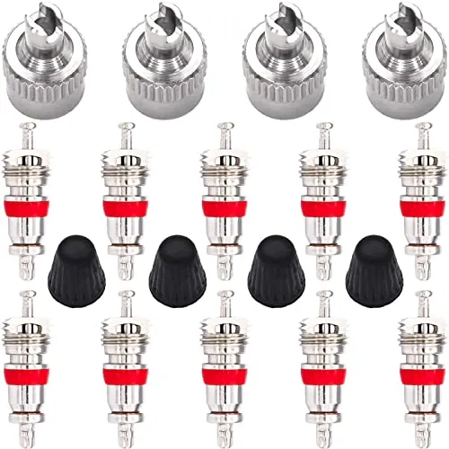 18-teiliges Ventil-Set mit Werkzeug und Kappen - Umfangreiches 18-teiliges Set mit 10 Ventileinsätzen und 4 praktischen Ventil-Schlüsselkappen. Ideal für Reparaturen an Auto, Motorrad und Fahrrad. Hochwertige Verarbeitung für zuverlässigen Einsatz!