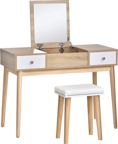 HOMCOM Schminktisch mit Klappspiegel, Schminktisch mit gepolstertem Hocker, weiche Kissenfächer und Schubladen, Beine aus massivem Holz, 100 x 45 x 118 cm, natürliche Farbe