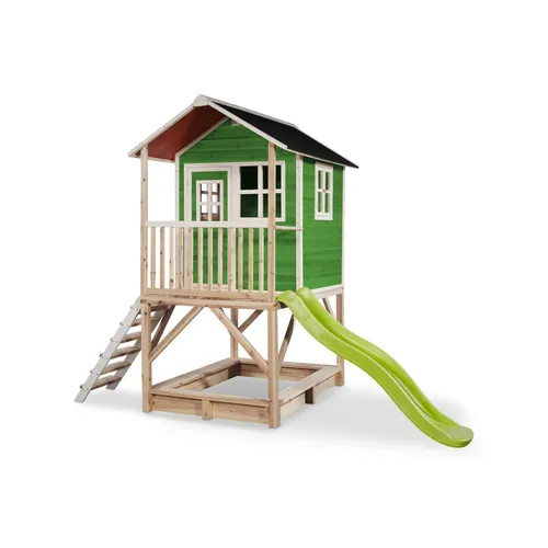 EXIT Spielhaus Loft 500 - Grünes Spielvergnügen aus FSC®-zertifiziertem Holz - Spielplätze - Hochwertiges Spielhaus mit Rutsche, Sandkasten und Veranda, ideal für kreative Abenteuer und sicheren Spielspaß für Kinder ab 3 Jahren.
