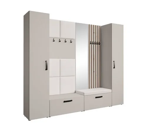 Beautysofa Garderobe, Kaschmir, Eiche Artisan, Beige - Drohnen, stilvolle Garderobe mit gepolstertem Sitzpaneel, ideal für große Flure und bietet viel Stauraum für Kleidung und Schuhe.