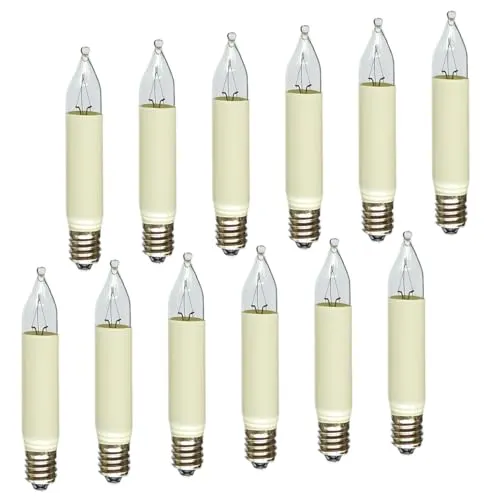 Erzgebirgslicht - AUSWAHL - 12 Stück Kleinschaftkerze 23V 3W E10 für 10 Brennstellen Ersatzbirne Glühbirne Minischaftkerze Glühlämpchen für Lichterketten Pyramide und Schwibbogen (keine LED!)