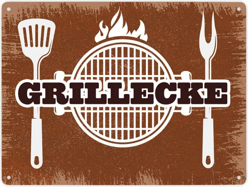 Grillecke Metallschild XXL mit Aufschrift, Grillrost, Grillbesteck Motiv