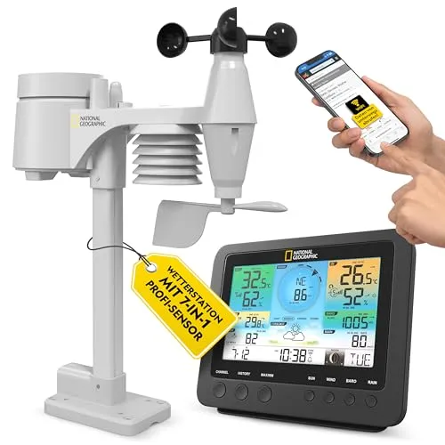 National Geographic Wetterstation Funk - 7-in-1 Profi-Sensor mit WLAN, präzise Wetterdaten für Wind, Temperatur, Luftfeuchtigkeit und mehr