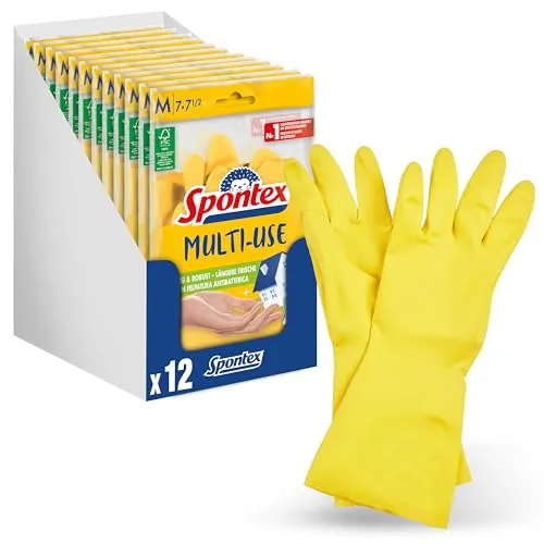 Spontex Multi Use, 12 Paar Haushaltshandschuhe mit Frischeschutz und FSC-Naturlatex, innen mit Baumwollbeflockung, Größe M (12 x 1 Paar)