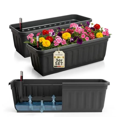 Hausfelder Blumenkasten 3er Set mit Bewässerungssystem - Blumenkästen mit integriertem Wasserspeicher und Wasserstandsanzeige für einfache Pflanzenpflege, ideal für Innen und Außen.