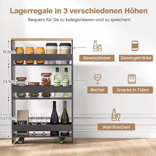 Ebenen Nischenregal auf Rollen aus Holz mit Griff Küchenwagen 47,5 x 20 x 80,5 cm Grau + Natur 4