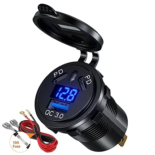 Dual PD 3.0 USB Auto Steckdose KFZ Ladegerät, Dual 45W PD Type C & 18W QC3.0 12V USB Steckdose mit Schalter und Voltmeter, Schnellladung Wasserdicht für Auto Boot Motorrad Marine RV