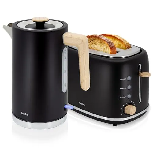 briebe Nordic Set Toaster & Wasserkocher 1,7L - Frühstücksset im nordischen Design: 2-Scheiben-Toaster mit 6 Bräunungsstufen und 2200W Wasserkocher für schnelles Aufheizen, BPA-frei und elegant für jede Küche.