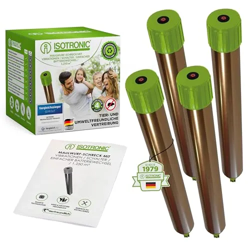ISOTRONIC Maulwurfabwehr Vibrasonic mit ON/OFF Schalter - Haustierabwehr & Wildtierabwehr: Effektiver Maulwurfschreck mit extra starkem Vibrationsmotor, schützt bis 1.250 m² ohne Gift und schont nützliche Gartentiere.