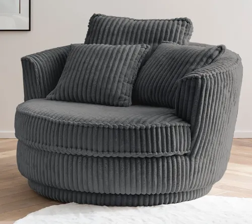 Furn.Design Loveseat Comfy 360° drehbar - XXL Sessel aus grauem Mega-Cord, 360° drehbar, ideal für Entspannung und modernes Wohndesign. Inklusive 3 Kissen für zusätzlichen Komfort.