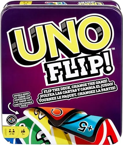 Mattel Games UNO Flip - Das aufregende Kartenspiel mit neuem Twist - Deckkartenspiele mit 112 Karten in robuster Metalldose, ideal für die ganze Familie und Kinder ab 7 Jahren. Erlebe den neuen FLIP-Effekt mit spannenden Aktionskarten!
