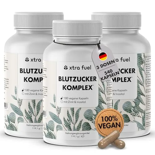 Blutzucker Komplex - 540 Kapseln hochdosiert - mit Chrom, Ceylon-Zimt, Myo-Inositol, Olivenblatt und Zink - zur Unterstützung des Blutzuckerspiegels - vegan & laborgeprüft