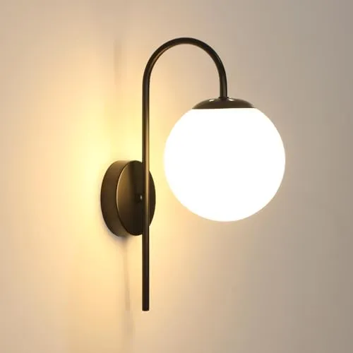 DELIPOP Wandleuchte Innen Vintage, E27 Kugel Wandlampe Schwarz, Wandbeleuchtung mit Glas Lampenschirm für Schlafzimmer, Wohnzimmer, Esszimmer, Flur, Treppenhaus