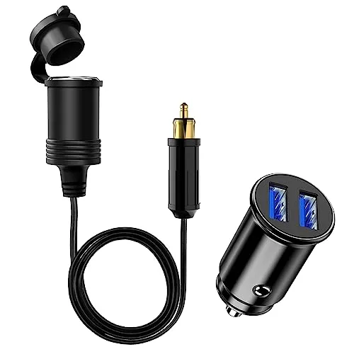 Hoembpn 90cm DIN Stecker auf Zigarettenanzünder Buchse Adapter Verlängerungskabel Wasserdicht, 12V / 24V Dual USB Port Zigarettenanzünder Auto Ladegerät für Auto, Motorrad, LKW