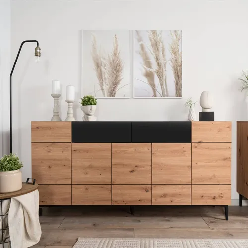 Homestyle4u Sideboard Kommode Eiche Holz Braun Schwarz - Moderne Kommode mit 12 Fächern und 2 Schubladen für optimalen Stauraum. Ideal für Wohnzimmer, Schlafzimmer oder Eingangsbereich, schafft ein stilvolles Ambiente.