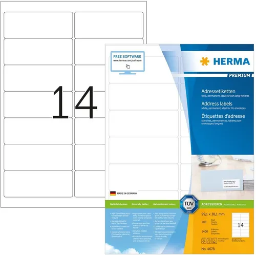 HERMA 4678 Universal Etiketten, 1400 Blatt, 99,1 x 38,1 mm - Selbstklebende, bedruckbare Etiketten in DIN A4-Format für alle Drucker geeignet. Hohe Weißegrad sorgt für brillante Druckergebnisse. Ideal für professionelle Anwendungen und Beschriftungen.