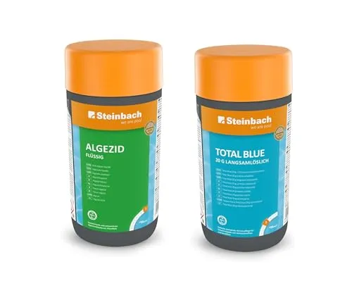 Steinbach Poolpflege Starter-Set | Algezid flüssig + Total Blue - Chlor - Hochkonzentriertes Algenbekämpfungsmittel für kristallklares Poolwasser. Die langsamlösliche 20g Tablette sorgt für langanhaltende Desinfektion und verhindert Algenwachstum.