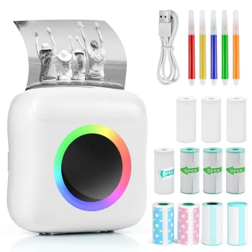 GuKKK Mini Drucker, Mobiler Fotodrucker, Tragbarer, Wireless Thermodrucker mit 11 Rollen Druckerpapie und 5 Buntstifte, Smartphone Bluetooth für Liste, Journal