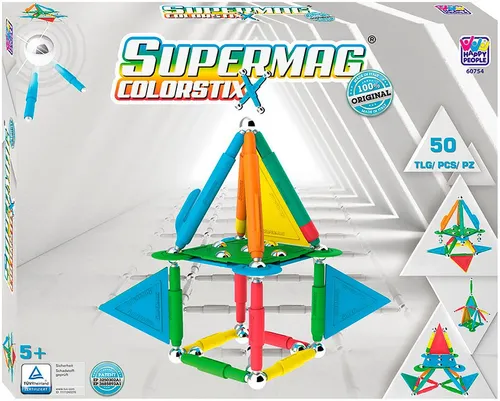 Happy People Supermag Colorstix 50-Teile - Magnetisches Konstruktionsspielzeug aus ungiftigen Materialien, fördert Kreativität und aktives Spiel für Kinder.