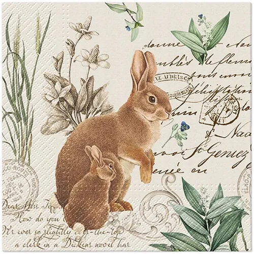 Servietten Mystery Bunny Hase Tiere Blumen Schrift Vintage Stil Deko 33x33cm 20