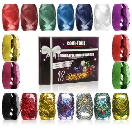 com-four® 18x Ringelband in bunten Farben - 20 m je Rolle - Set Geschenkbänder in Geschenkverpackung - zum Basteln und Verpacken - funkelndes Polyband für Schleifen und saisonale Deko (Festlich)