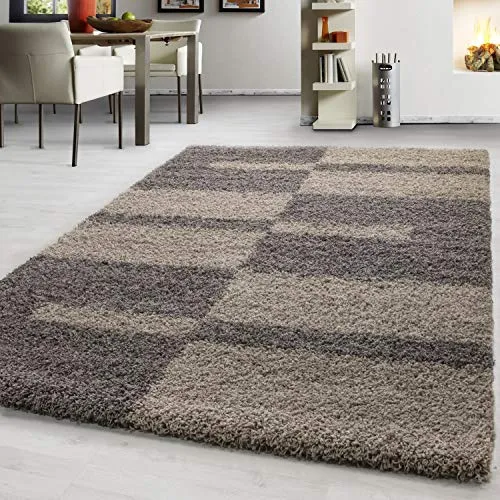 Teppium Moderner Hochflor Teppich Wohnzimmer 200x300 (200 x 290 cm) Taupe - Shaggy Flauschiger Teppich, Extra Weich, Pflegeleicht und Kariertes - für Schlafzimmer, Küche und Esszimmer