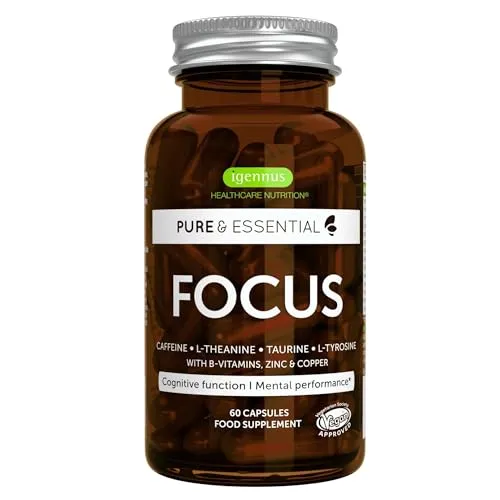 Focus – Gehirn-Booster mit Koffein, L-Theanin, Taurin, L-Tyrosin plus B-Vitamine, Zink & Kupfer, Verbesserte Kognitive Funktion & Geistige Leistungsfähigkeit, 60 Kapseln, von Igennus