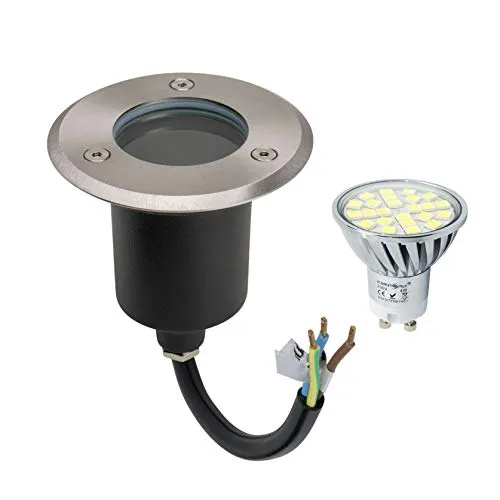 LED Bodenleuchte Edelstahl Eckig mit 4W Kaltweiß Leuchtmittel - Robuste Bodenleuchte aus gebürstetem Edelstahl, 2000KG belastbar und IP67 wasserdicht. Ideal für Außenbereiche wie Zufahrten und Gehwege. Einfacher Anschluss an 230 Volt ohne Trafo.
