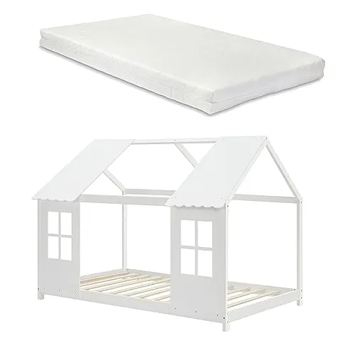 Kinderbett 'Tostedt' Halboffenes Design 90x200cm mit Matratze - Kinderbetten für ein zauberhaftes Schlummerparadies mit Hausoptik, ideal für kleine Abenteurer. Inklusive allergikergeeigneter Kaltschaummatratze für besten Schlafkomfort.