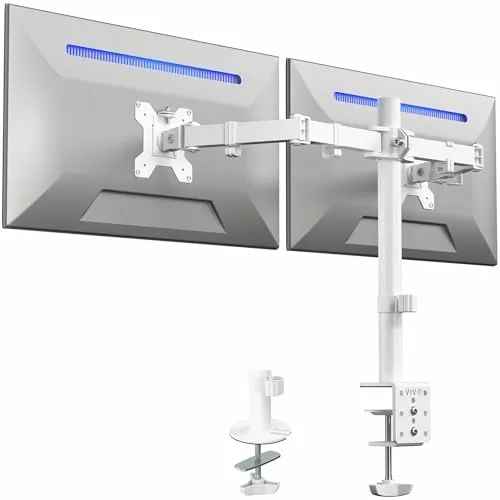 VIVO STAND-V002W Doppel-Monitor-Tischhalterung, robuster, voll Verstellbarer Stahlständer, hält 2 Computer-Bildschirme bis zu 76,2 cm und max. 10 kg, Weiß