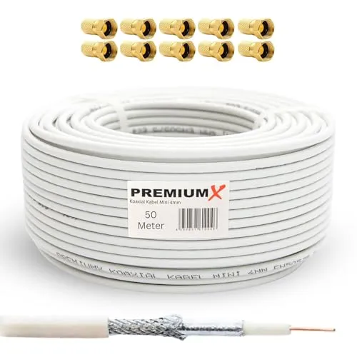 Premium X 50m Mini-Koaxialkabel 4mm (Weiß) Set inkl. 10 Stecker - Extra dünn & flexibel - 2-Fach geschirmt für Sat, DVB-T2, Kabel-TV - Ultra HD 4K