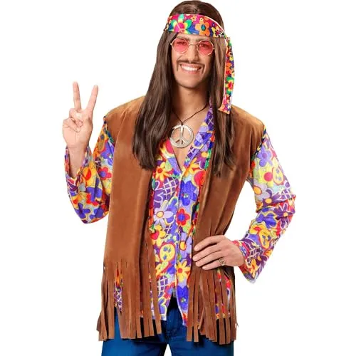 W WIDMANN MILANO Party Fashion - Kostüm Hippie, Weste mit Stirnband, 60er Jahre Verkleidung Herren
