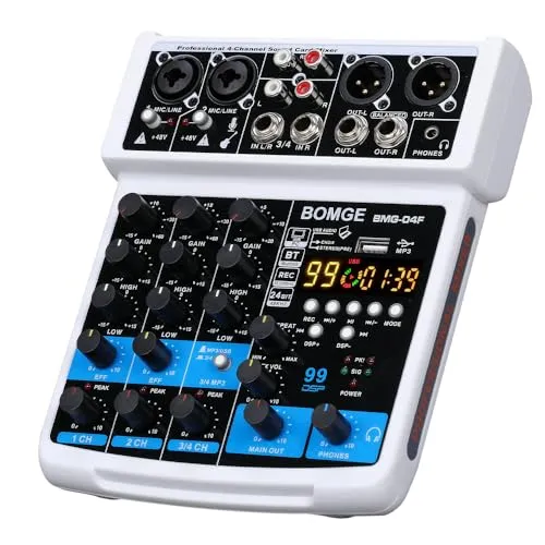 BOMGE-04F 4-Kanal-DJ-Audio-Soundmixer mit MP3/USB Bluetooth, Stereoaufnahme/48 V/24 DSP Echo-Effekte für Live-Übertragung, Karaoke, Performance, Kirchengesang und Musikproduktion (Weiß-4f)