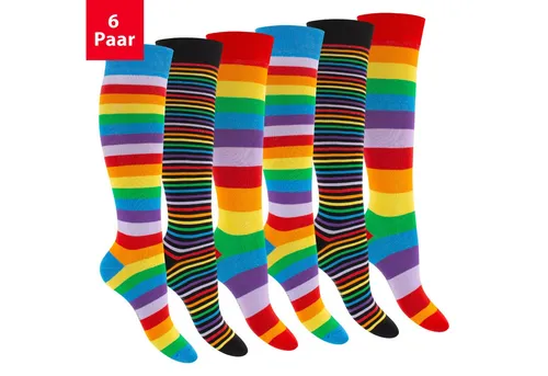 Footstar Damen Kniestrümpfe geringelt (6 Paar) - Fun 39-42 - Damen-Kniestrümpfe im 6er Pack mit abwechslungsreichen Designs. Hoher Baumwollanteil für optimalen Sitz und extra flach gekettelte Zehennaht für höchsten Tragekomfort.