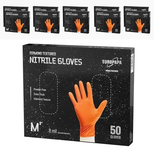 EUROPAPA® Nitrilhandschuhe DiamantGrip (500 Stück, M, Orange) - Extra dicke Nitrilhandschuhe mit Diamantstruktur für sicheren Grip und verbesserten Schutz. Ideal für Bau, Industrie und Montage. Puderfrei und latexfrei für hohen Tragekomfort.